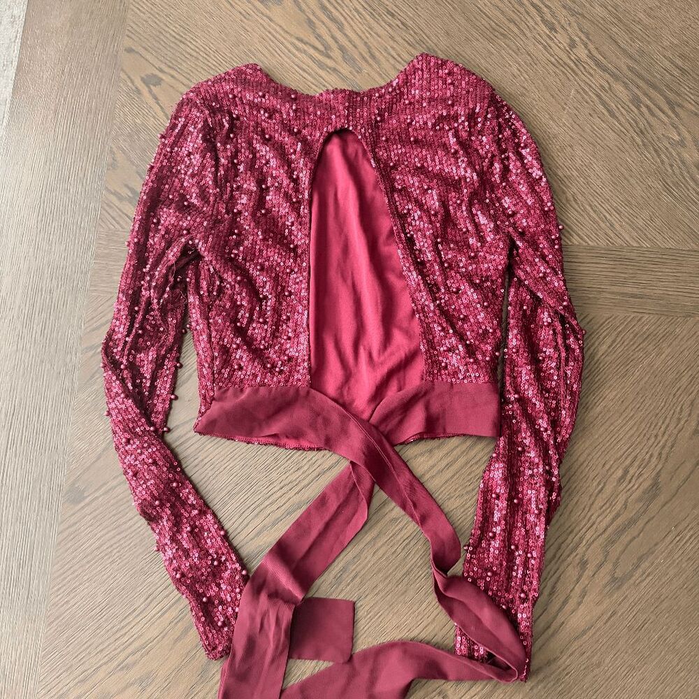 Windsor Always Sparkling Sequin Crop Long Sleeve Open-back Tie Closure Beading